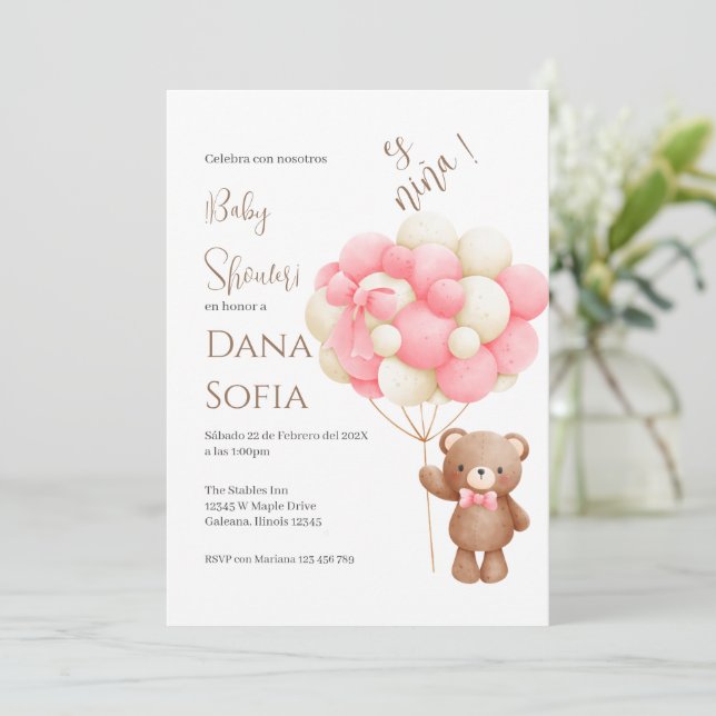 Pink floral Spanish Baby Shower Girl invitation Inbjudningar (Stående Fram)