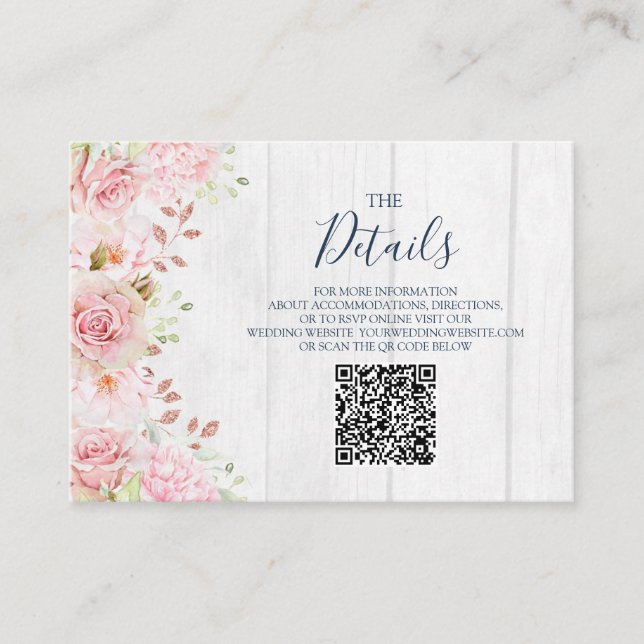 Pink Floral Spring Wedding QR code Details Insert Tilläggskort (Framsida)