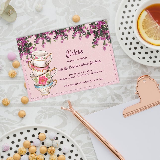 Pink Floral Stacked Teacups Bridal Shower Details Tilläggskort (Pink Floral Stacked Teacups Bridal Shower Details Enclosure Card)