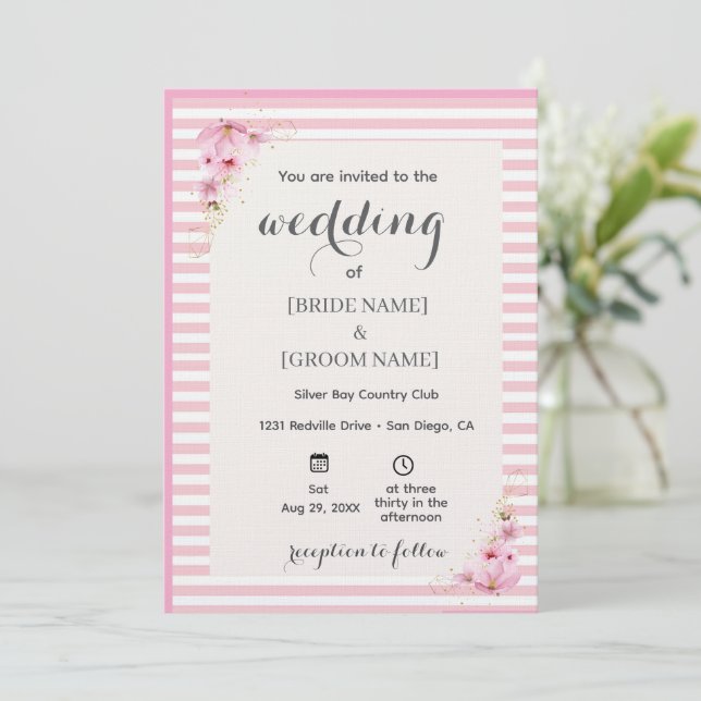 Pink Floral Striped Wedding Invitation Inbjudningar (Stående Fram)