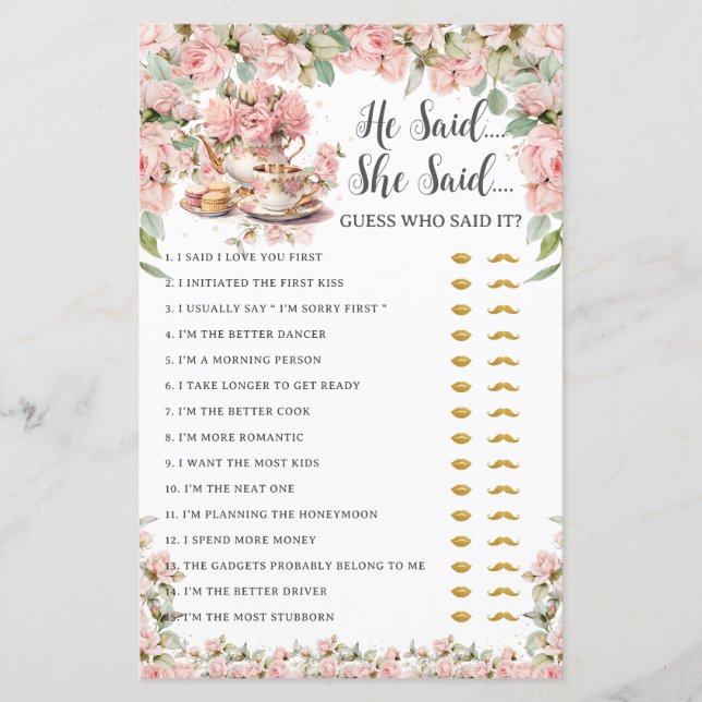 Pink Floral Tea Party He Said She Said Bridal Game (Framsida)