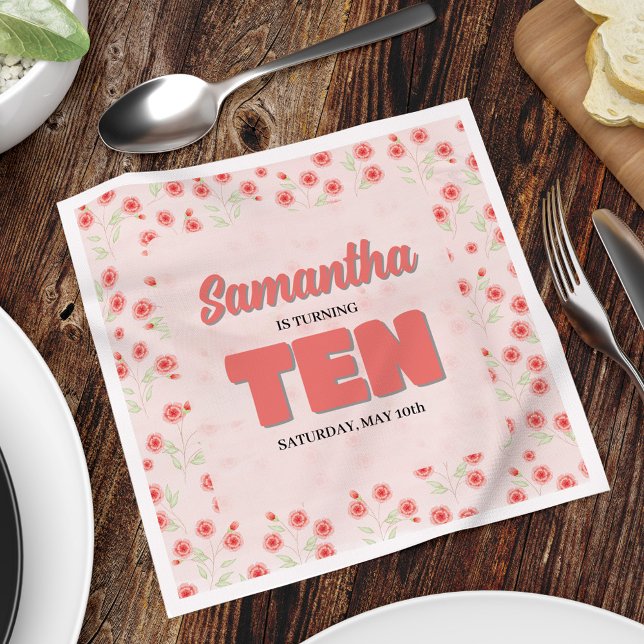 Pink Floral Tenth Birthday Girl Custom Party Pappersservett (Tenth birthday party custom pink floral napkins.)