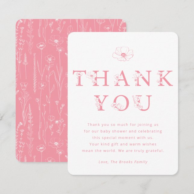 Pink Floral Thank You Card | Baby Shower Tack Kort (Fram/baksida)