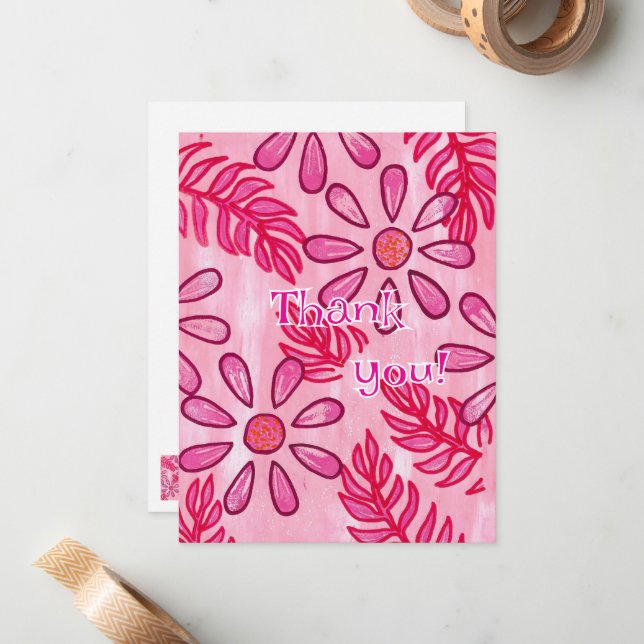 Pink Floral Thank you Cards, template Anteckningskort (Fram/Back In Situ)