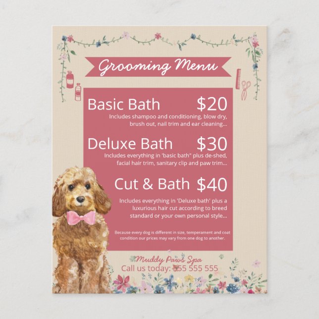 Pink Floral Watercolor Dog Grooming Services Menu  Flygblad (Framsidan)