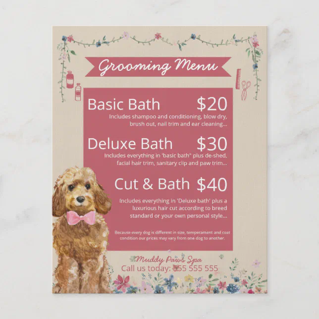 Pink Floral Watercolor Dog Grooming Services Menu Flygblad Zazzle