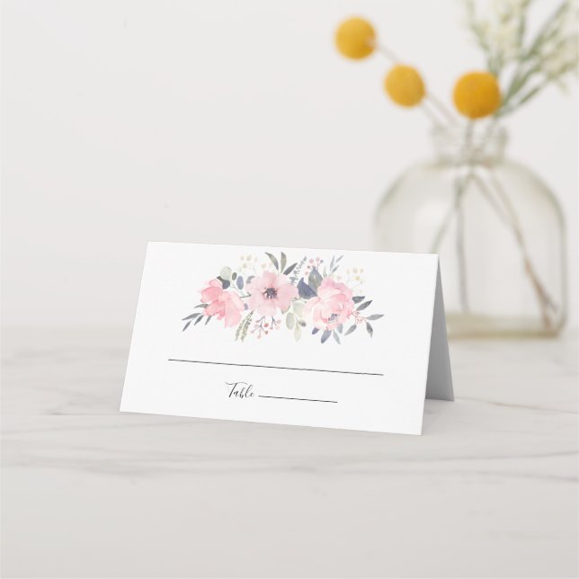 Pink Floral Watercolor Script Wedding Placeringskort (Framsida)