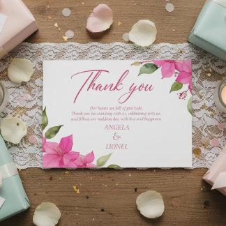 Pink Floral Watercolor Wedding Flat Thank You Card Tack Kort