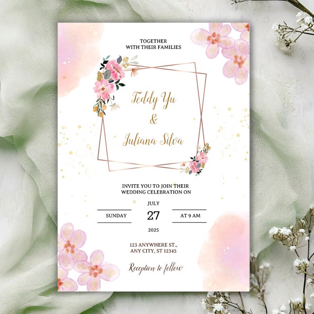 Pink Floral Watercolor Wedding Invitation Inbjudningar (Skapare uppladdad)