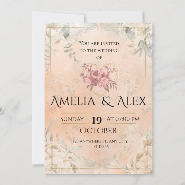 Pink Floral Wedding Invitation | Elegant Customiza Inbjudningar (Framsida)