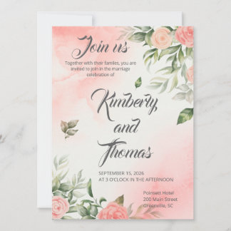 Pink Floral Wedding Invitation - Elegant Spara Datumet