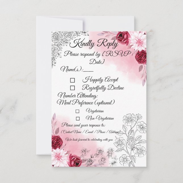 Pink Floral Wedding RSVP Card | Romantic OSA Kort (Framsida)
