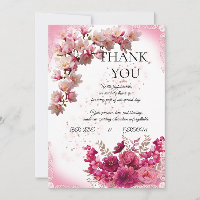 Pink Floral Wedding Thank You Card on White Tack Kort (Framsida)