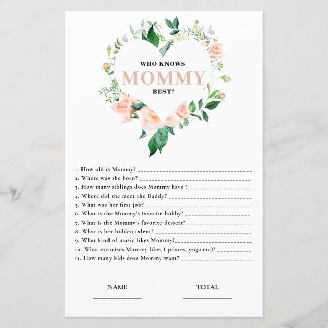 Pink Floral Who knows Mommy Best Baby Shower Game (Framsida)