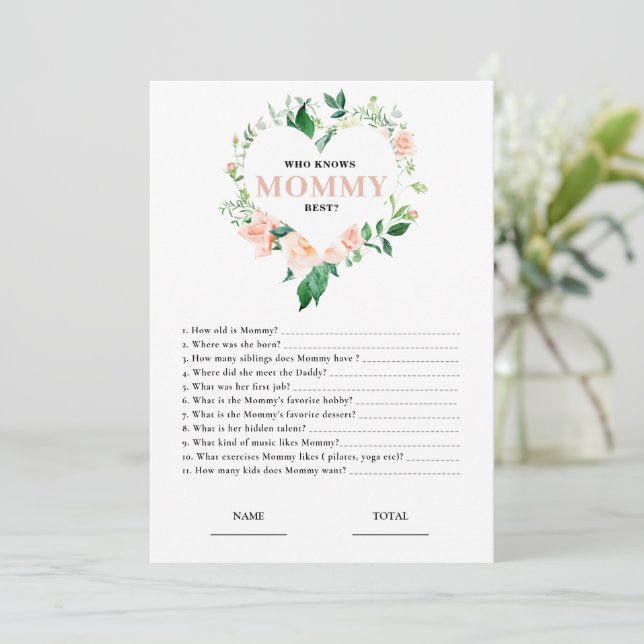 Pink Floral Who knows Mommy Best Baby Shower Game Inbjudningar (Stående Fram)