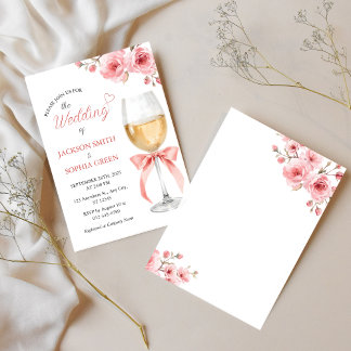 Pink Floral Wine Glass Watercolor Wedding Inbjudningar