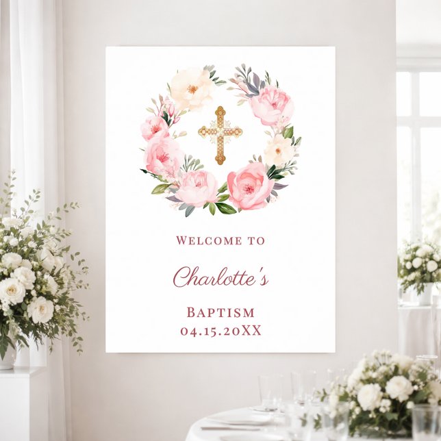 Pink floral wreath Baptism welcome Poster (Skapare uppladdad)