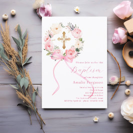 Pink floral wreath cross bow girl baptism inbjudningar