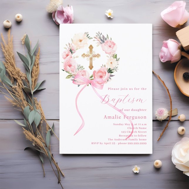 Pink floral wreath cross bow girl baptism inbjudningar (Skapare uppladdad)