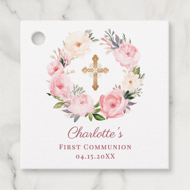 Pink floral wreath First Communion DIY Gåvor Etiketter (Framsida)
