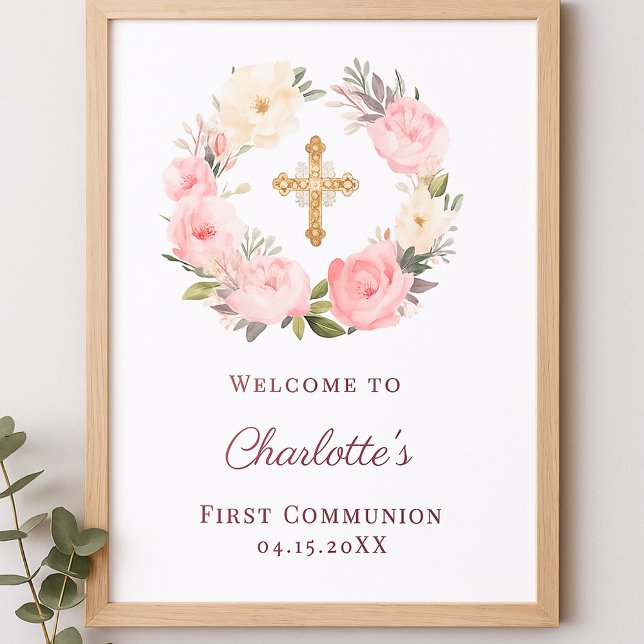Pink floral wreath First Communion welcome Poster (Skapare uppladdad)