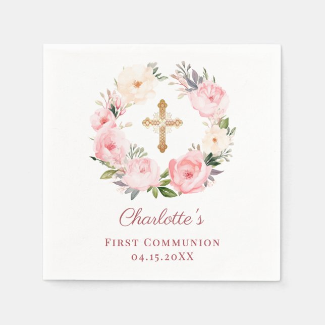 Pink floral wreath girl First Communion Pappersservett (Framsidan)