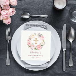 Pink floral wreath girl First Communion Pappersservett