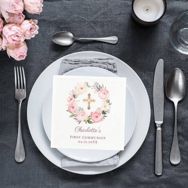Pink floral wreath girl First Communion Pappersservett (Skapare uppladdad)