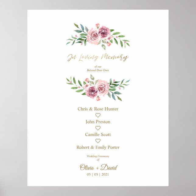 Pink Floral Wreath In Loving Memory Wedding Table Poster (Framsidan)