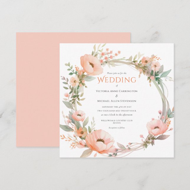 Pink Floral Wreath Wedding Invitation (Fram/baksida)