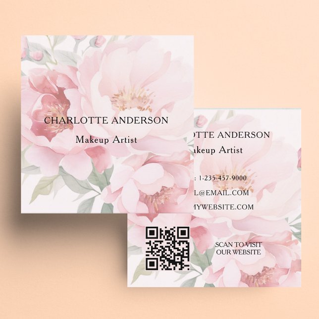 Pink florals roses QR code Fyrkantigt Visitkort (Skapare uppladdad)