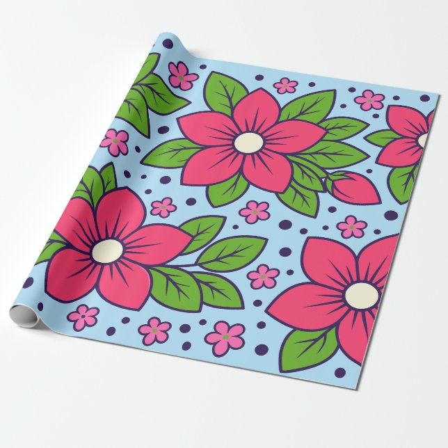 Pink Florals with Bold Petals and Green Leaves Presentpapper (Utrullad)