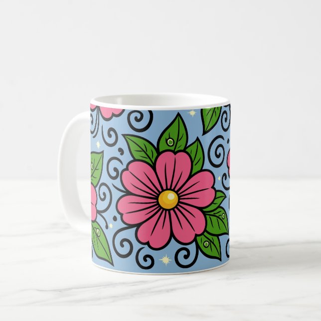 Pink Florals with Green Leaves and Curved Details Kaffemugg (Framsida vänster)