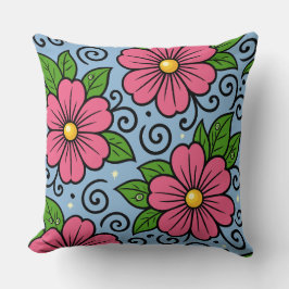 Pink Florals with Green Leaves and Curved Details Kudde