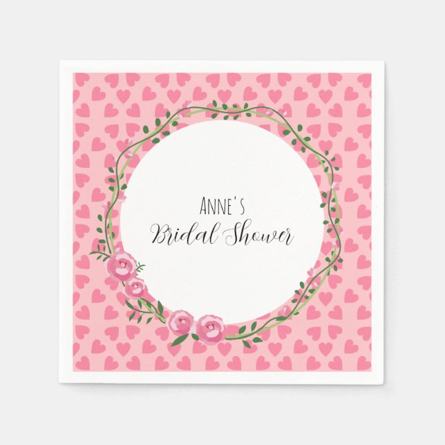 Pink flower and heart bridal shower Paper Napkin Pappersservett (Framsidan)