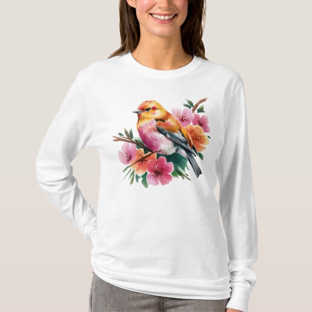 Pink Flower Bird T Shirt (Framsida)