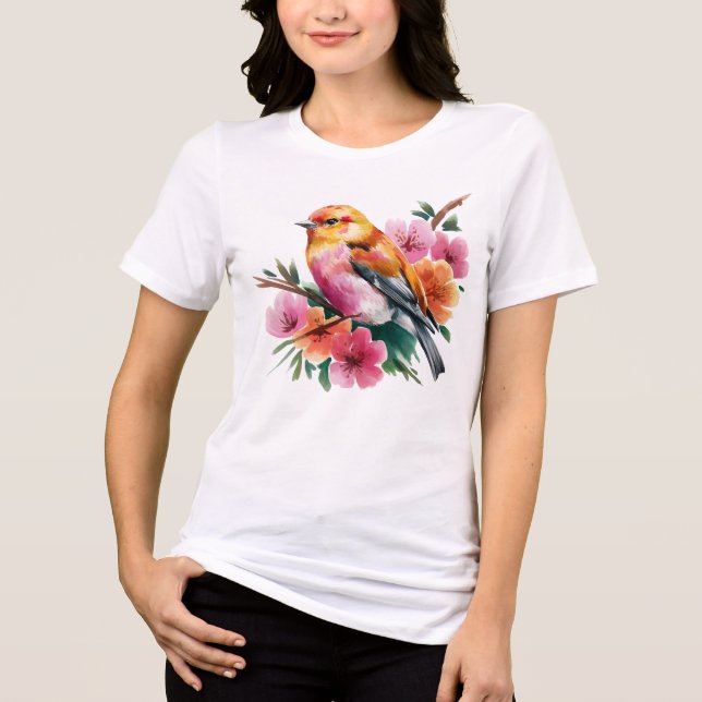 Pink Flower Bird T Shirt (Framsida)