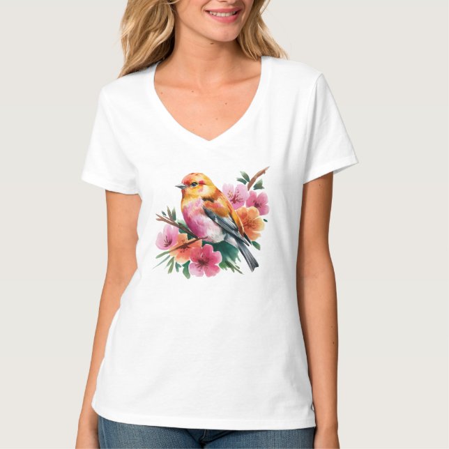 Pink Flower Bird T Shirt (Framsida)