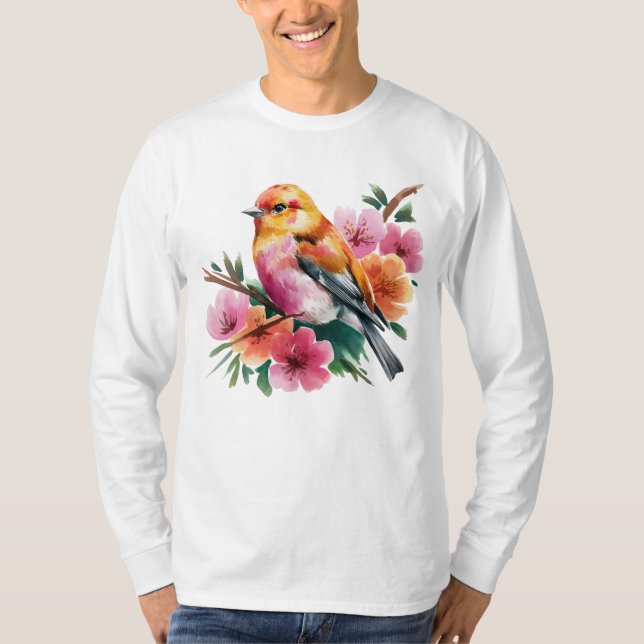 Pink Flower Bird T Shirt (Framsida)