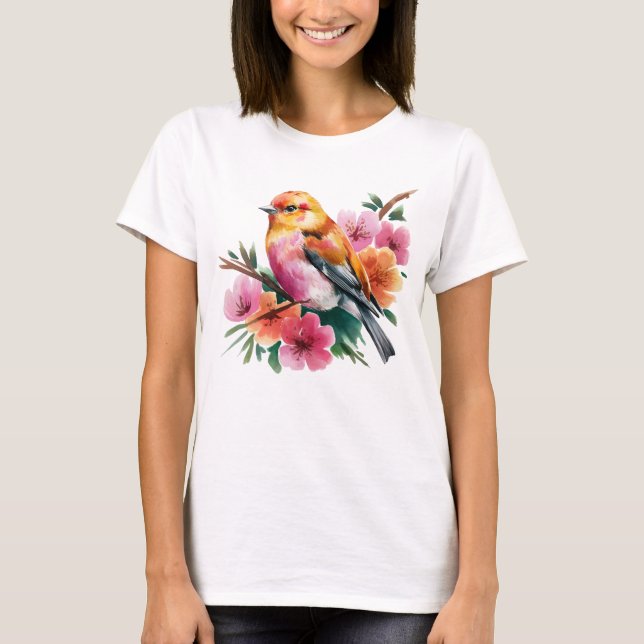 Pink Flower Bird T Shirt (Framsida)