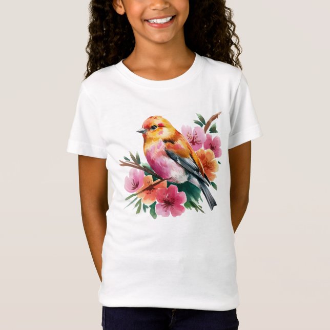 Pink Flower Bird T Shirt (Framsida)