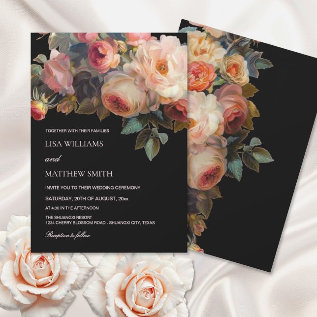 Pink Flower Dark Floral Wedding Inbjudningar (Skapare uppladdad)