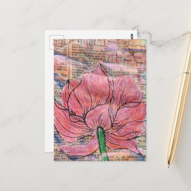 Pink Flower Map and Words Mixed Media Collage Vykort (Fram/Back In Situ)