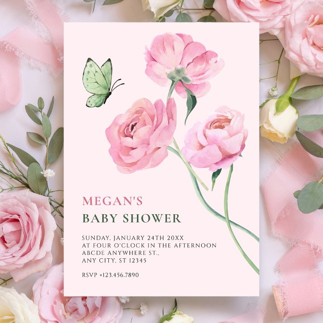 Pink flower minimalist baby shower inbjudningar (Skapare uppladdad)