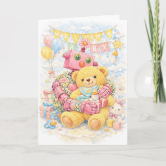 Pink Flower Robot & Teddy – Welcome Baby Shower Kort