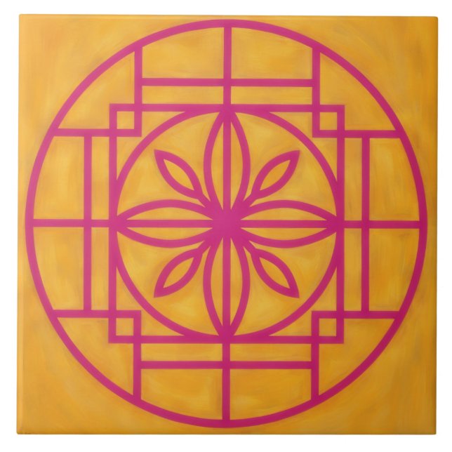 Pink Flower Symbol Decorative Tile on Gold Kakelplatta (Framsidan)