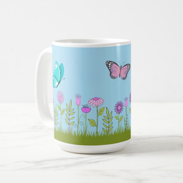 Pink Flowers and Butterfly All-Over Print  Kaffemugg (Framsida vänster)