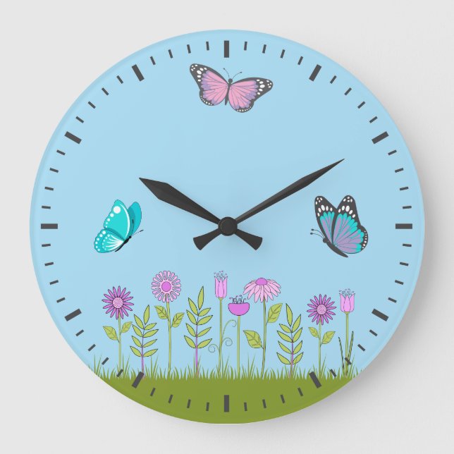 Pink Flowers and Butterfly All-Over Print  Stor Klocka (Framsida)
