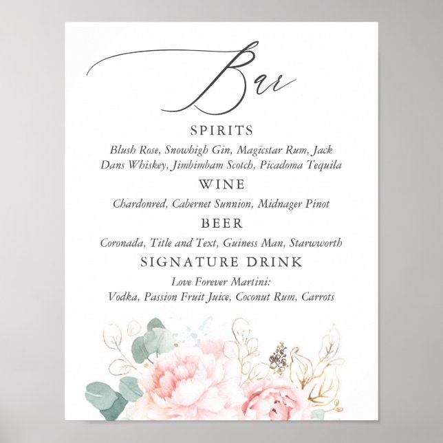 Pink Flowers and Gold Greenery Bar Menu Sign Poster (Framsidan)