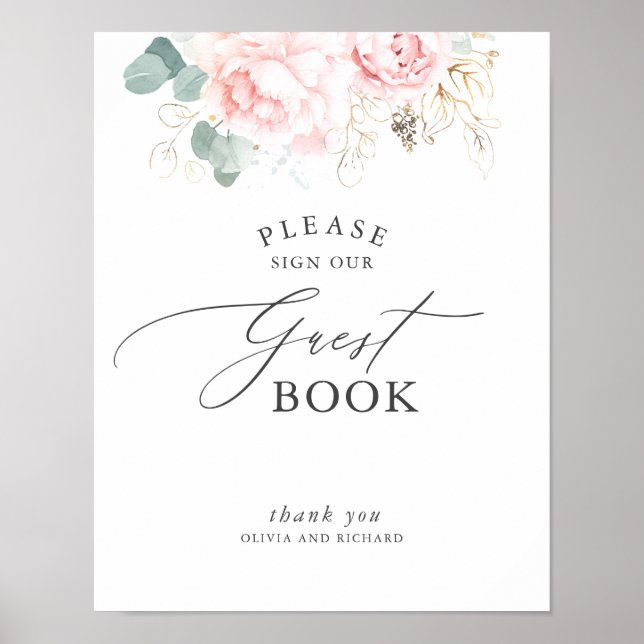 Pink Flowers and Gold Greenery Guest Book Sign Poster (Framsidan)